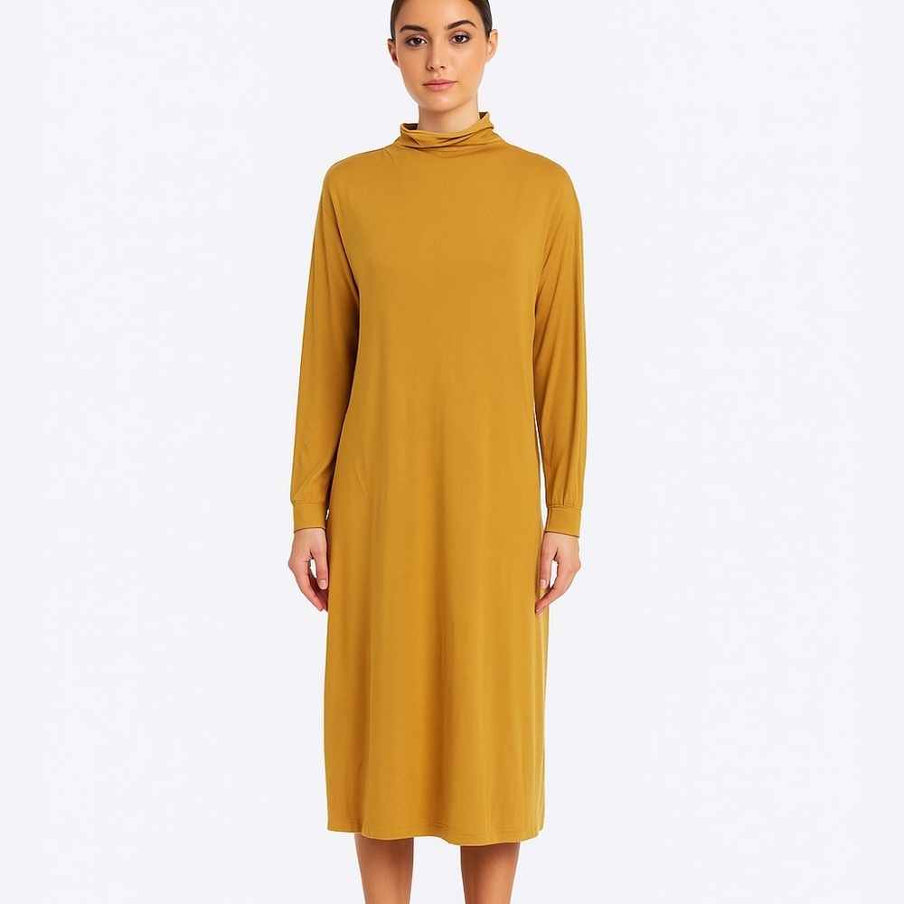 Gudrun Sjoden mustard mock neck tube long sleeves dress with pockets EUC